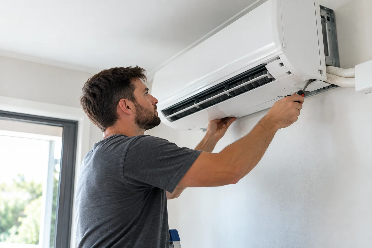 Technician installing a wall-mounted air conditioning unit