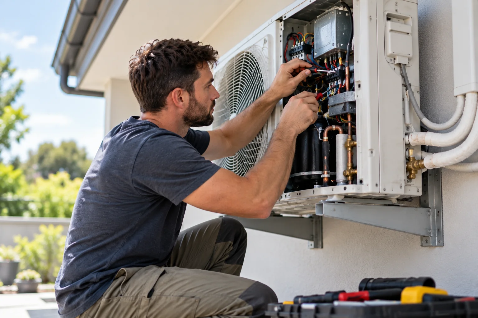 Technician repairing the components of an outdoor air conditioning unit