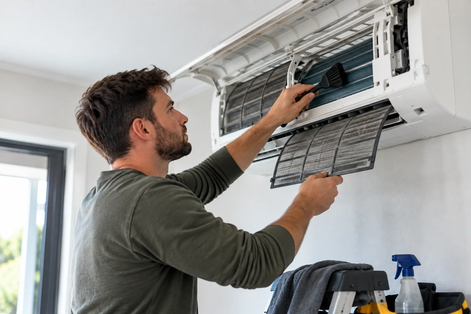Technician cleaning the filter of an air conditioning unit